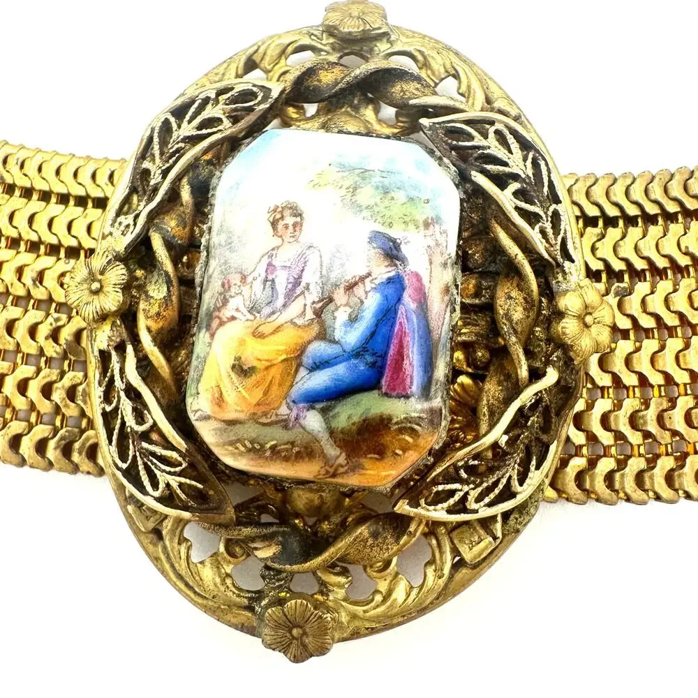Vintage Victorian Revival gold tone hand painted portrait mesh bracelet